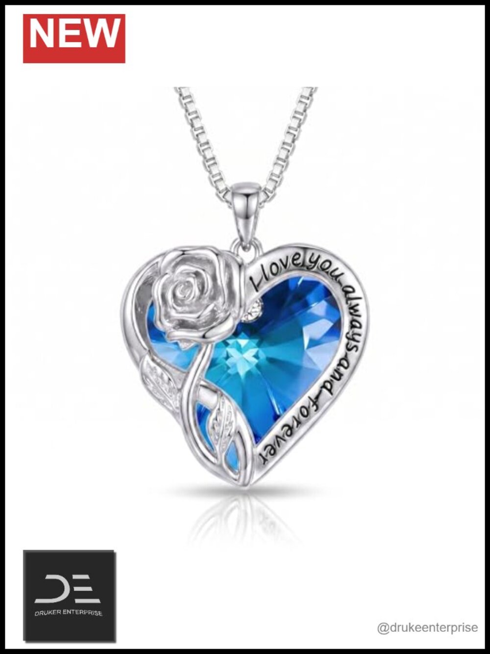 Sterling Silver Rose Flower Heart Birthstone Pendant Necklace with Crystal, 18